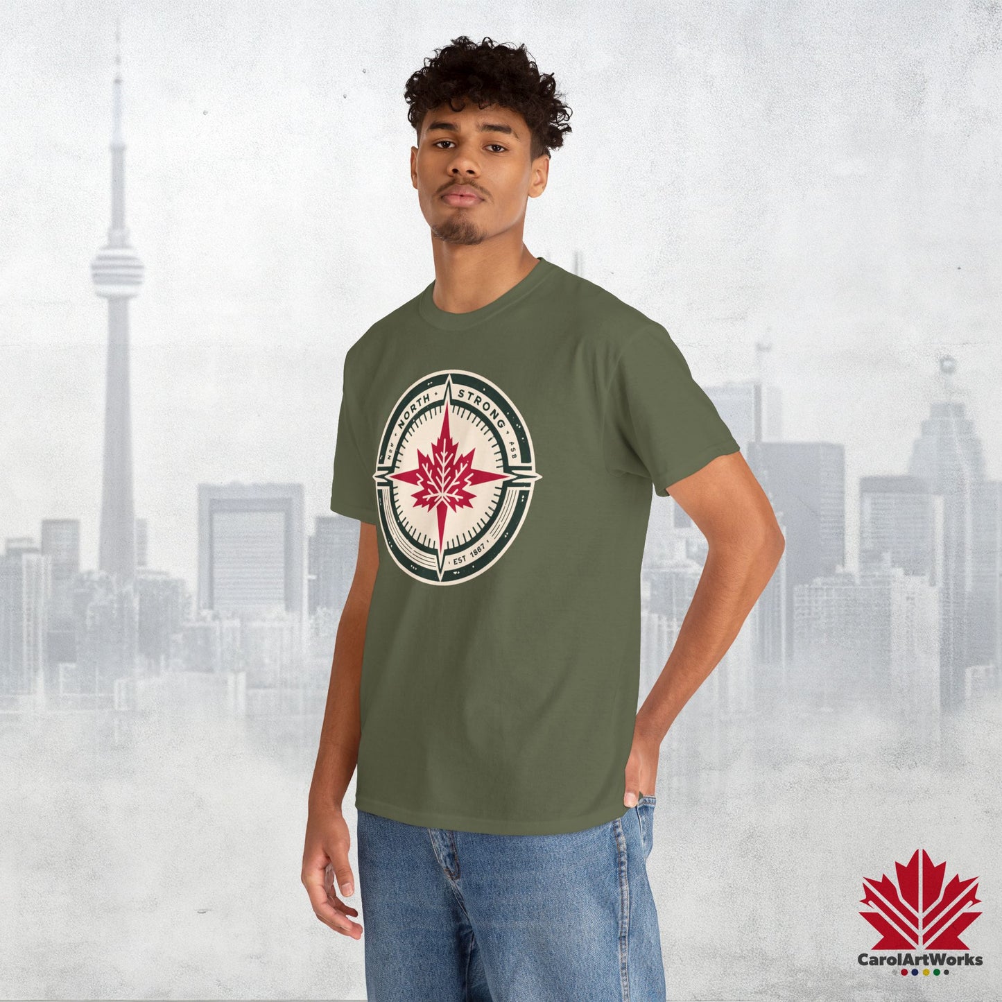 “North Strong” Compass Design – Unisex Cotton Tee – Navigate Adventure with Canadian Pride
