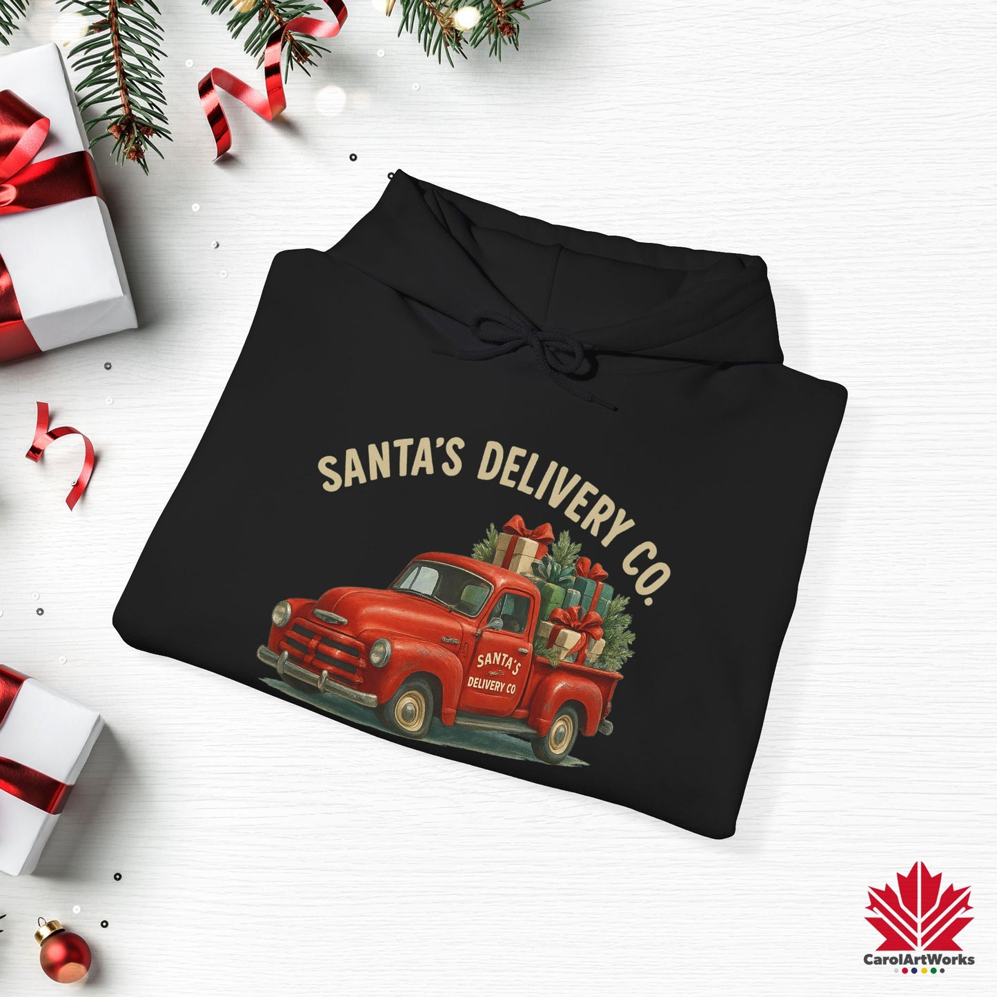 Santa’s Delivery Truck Hoodie | Vintage Red Truck Christmas Hoodie | Canadian Fleece Hoodie – Premium Softstyle