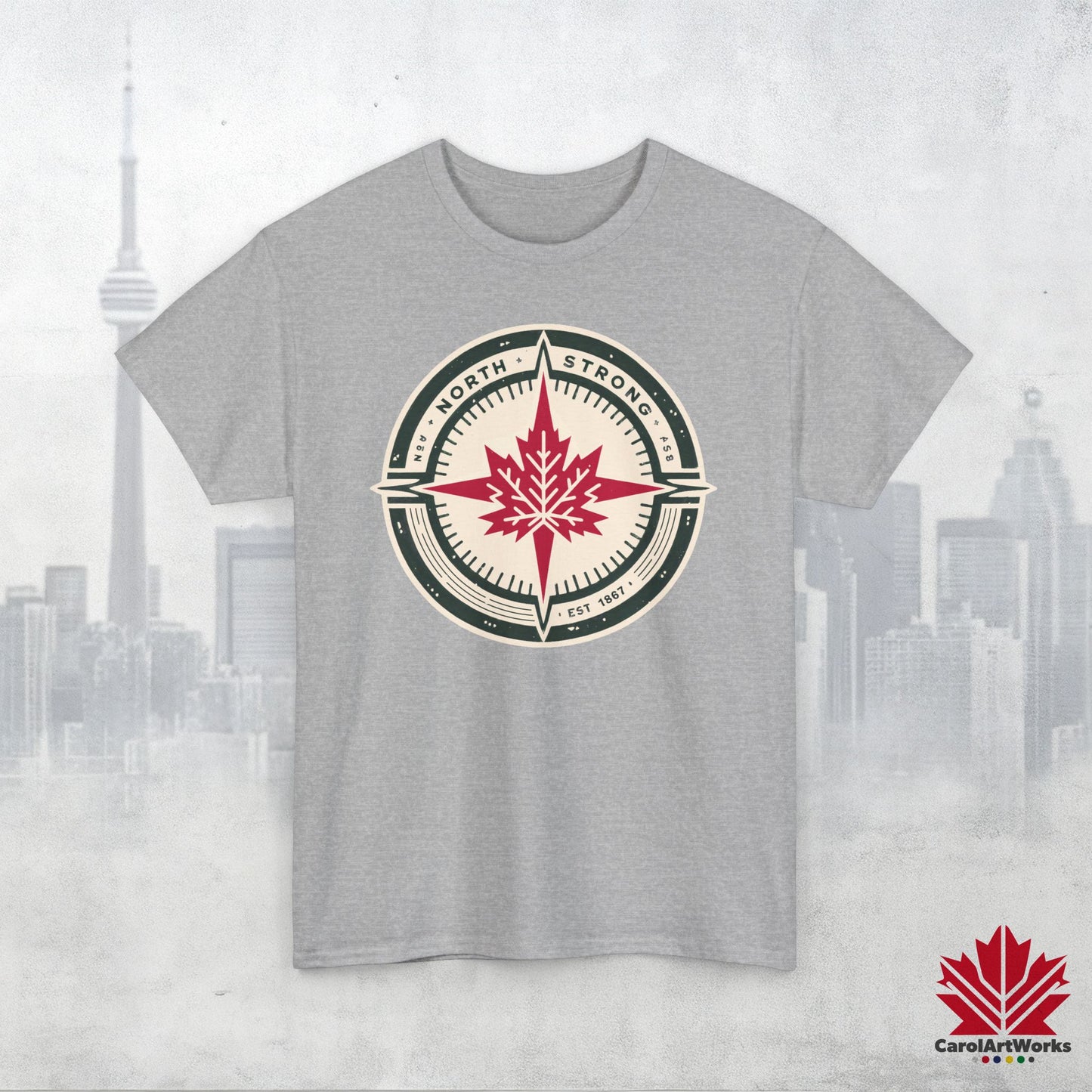 “North Strong” Compass Design – Unisex Cotton Tee – Navigate Adventure with Canadian Pride