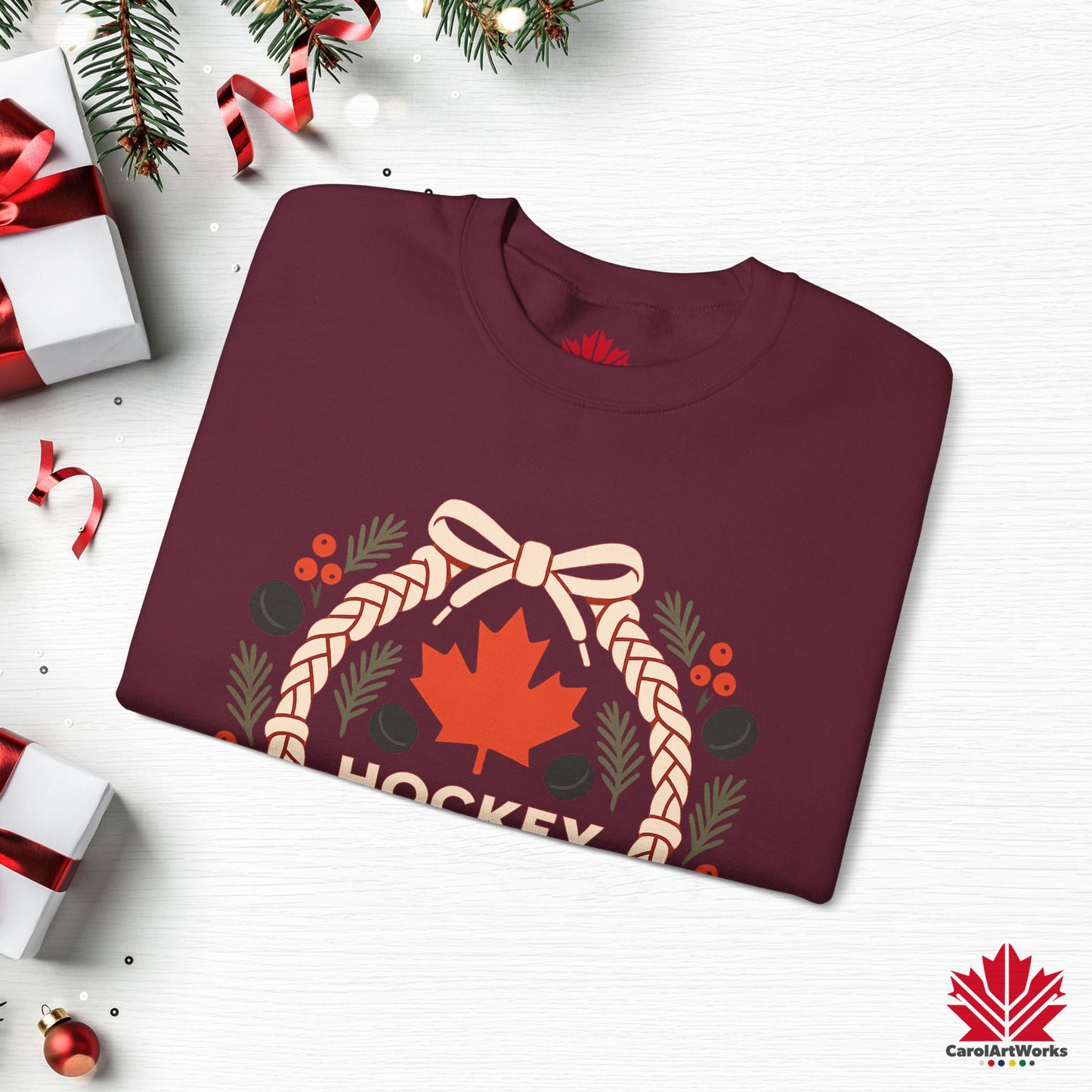 Hockey Lace Wreath Sweatshirt | Canadian Hockey Christmas Crewneck | Premium Fleece Sweatshirt