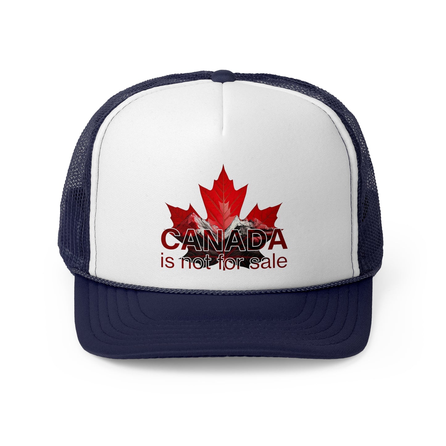 Trucker Cap “Canada is Not for Sale” – Adjustable Mesh Hat, Red Maple Leaf and Mountains Design