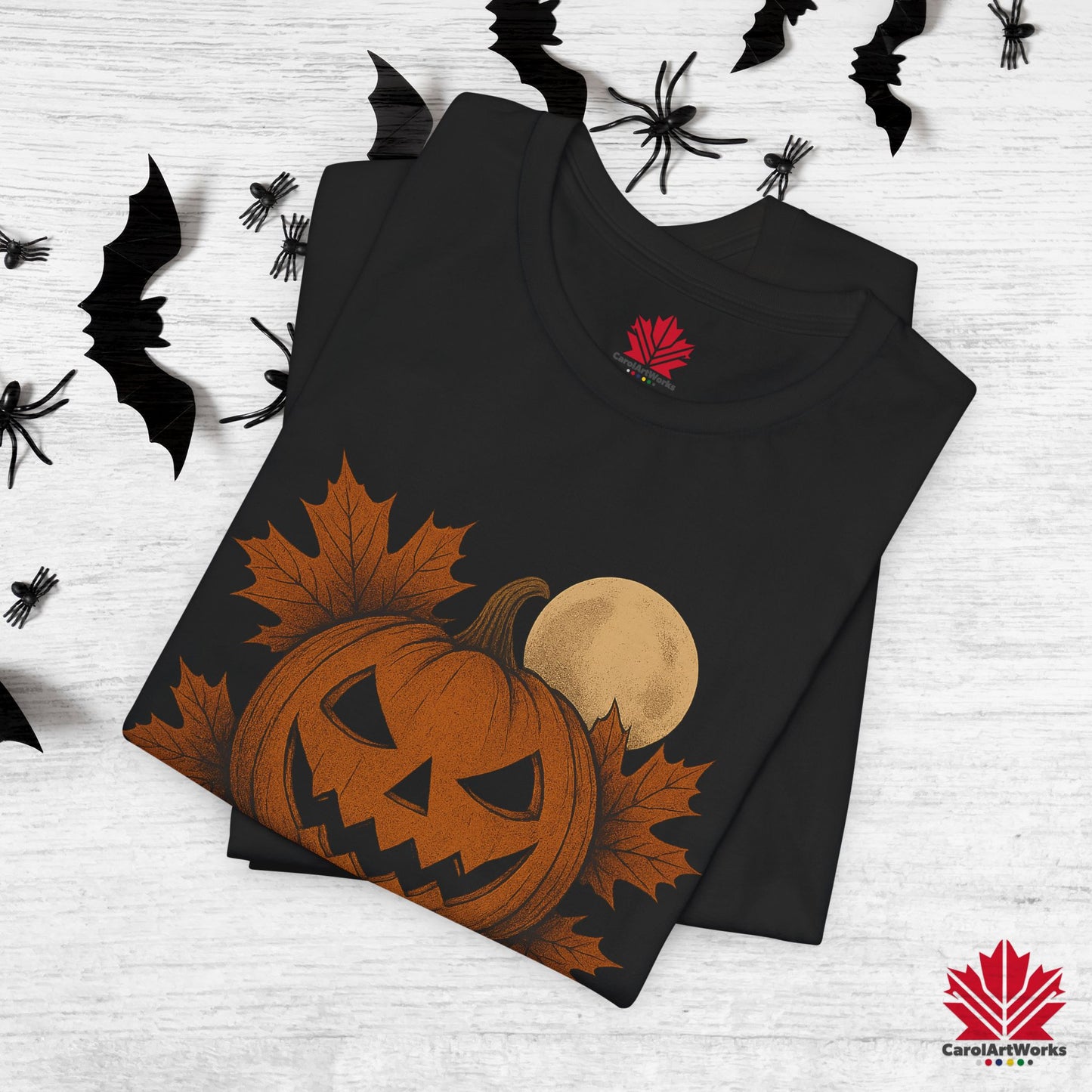 Maple & Moonlight – Canadian Halloween Tee - Pumpkin & Full Moon Design