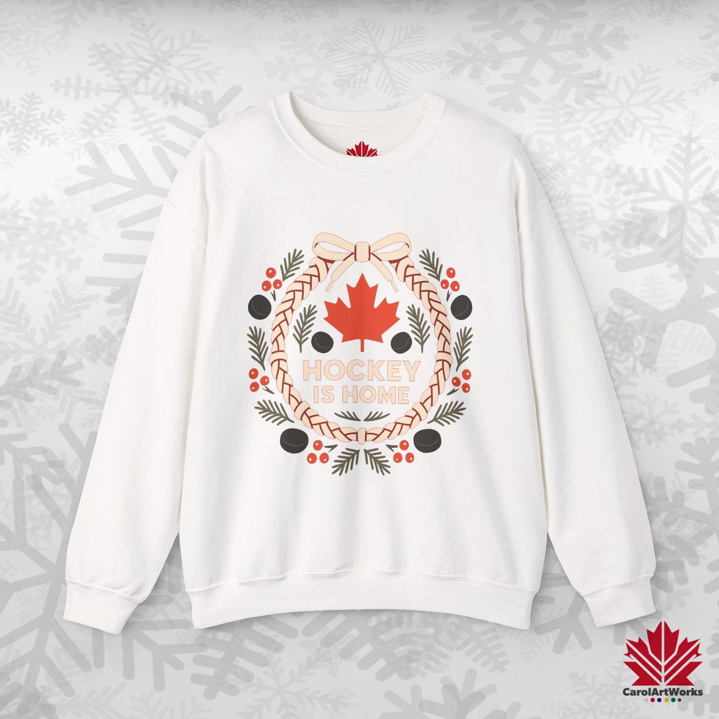 Hockey Lace Wreath Sweatshirt | Canadian Hockey Christmas Crewneck | Premium Fleece Sweatshirt