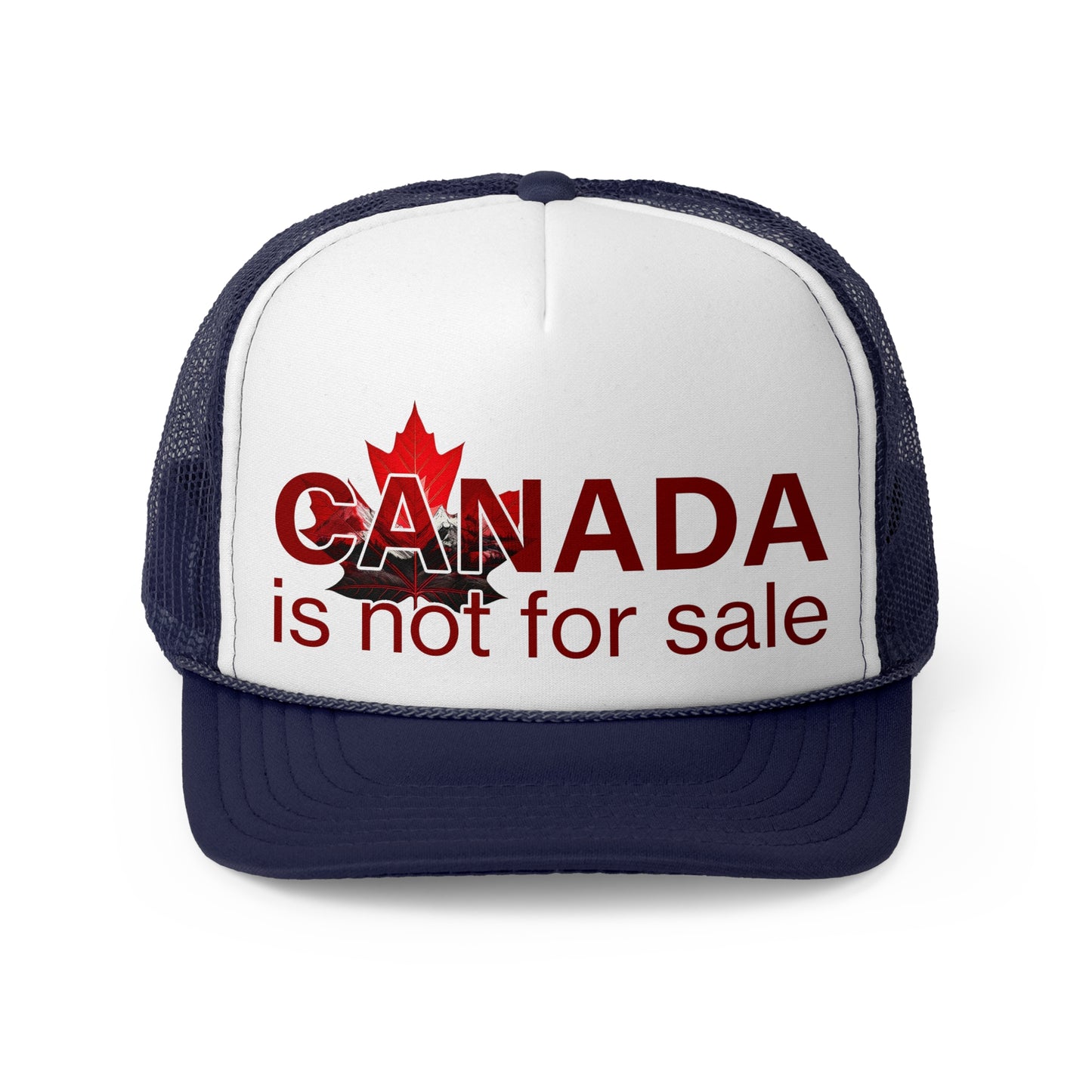 Trucker Cap “Canada is Not for Sale” – Adjustable Mesh Hat, Red Maple Leaf and Mountains Design