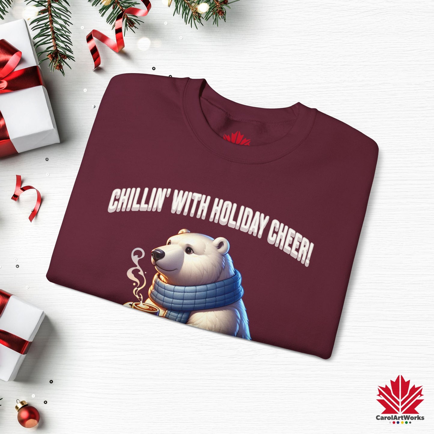 Chillin’ With Holiday Cheer Sweatshirt | Cozy Polar Bear Crewneck | Canadian-Made Holiday Fleece