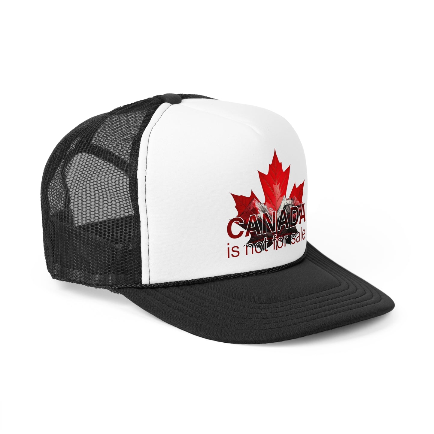 Trucker Cap “Canada is Not for Sale” – Adjustable Mesh Hat, Red Maple Leaf and Mountains Design