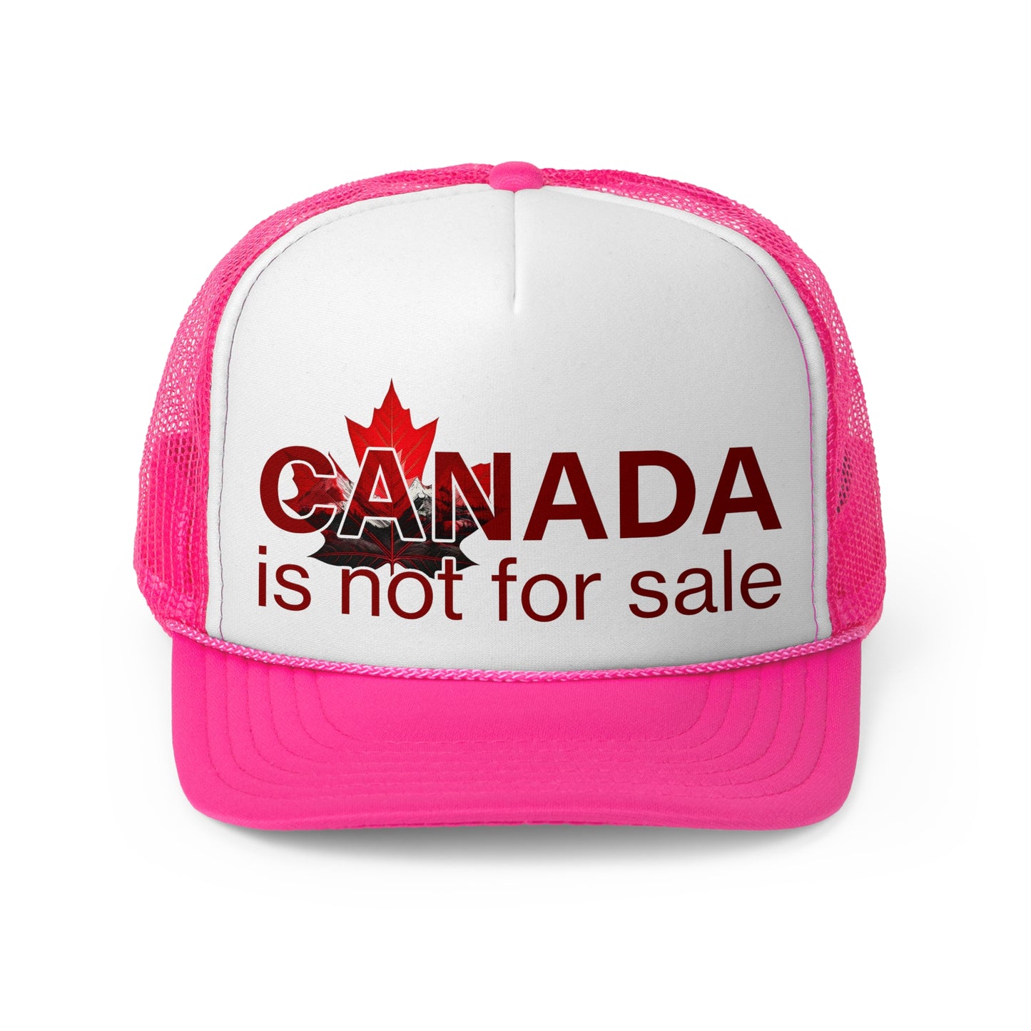Trucker Cap “Canada is Not for Sale” – Adjustable Mesh Hat, Red Maple Leaf and Mountains Design