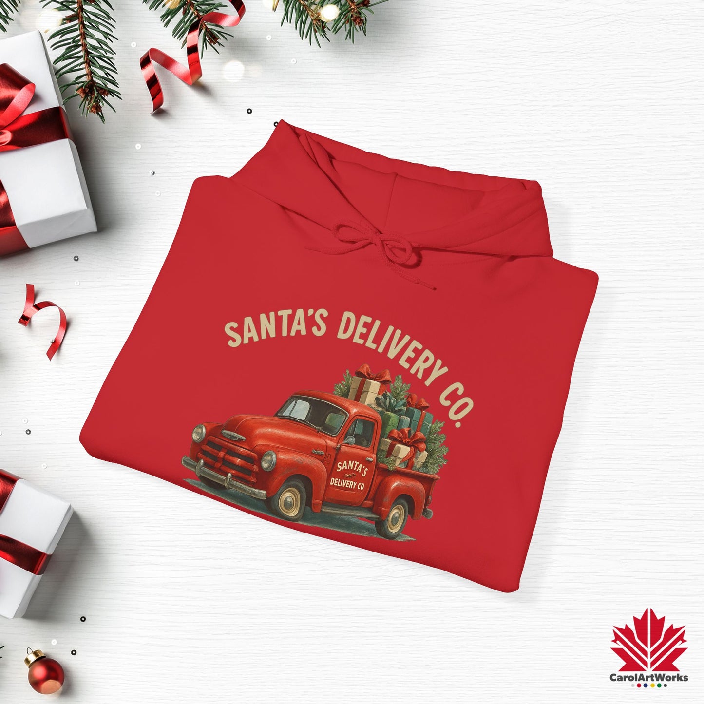Santa’s Delivery Truck Hoodie | Vintage Red Truck Christmas Hoodie | Canadian Fleece Hoodie – Premium Softstyle