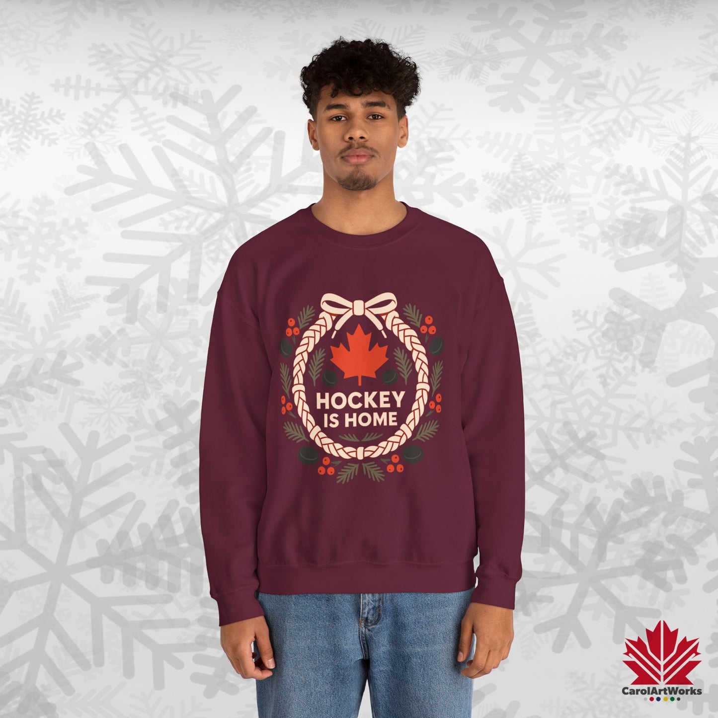 Hockey Lace Wreath Sweatshirt | Canadian Hockey Christmas Crewneck | Premium Fleece Sweatshirt
