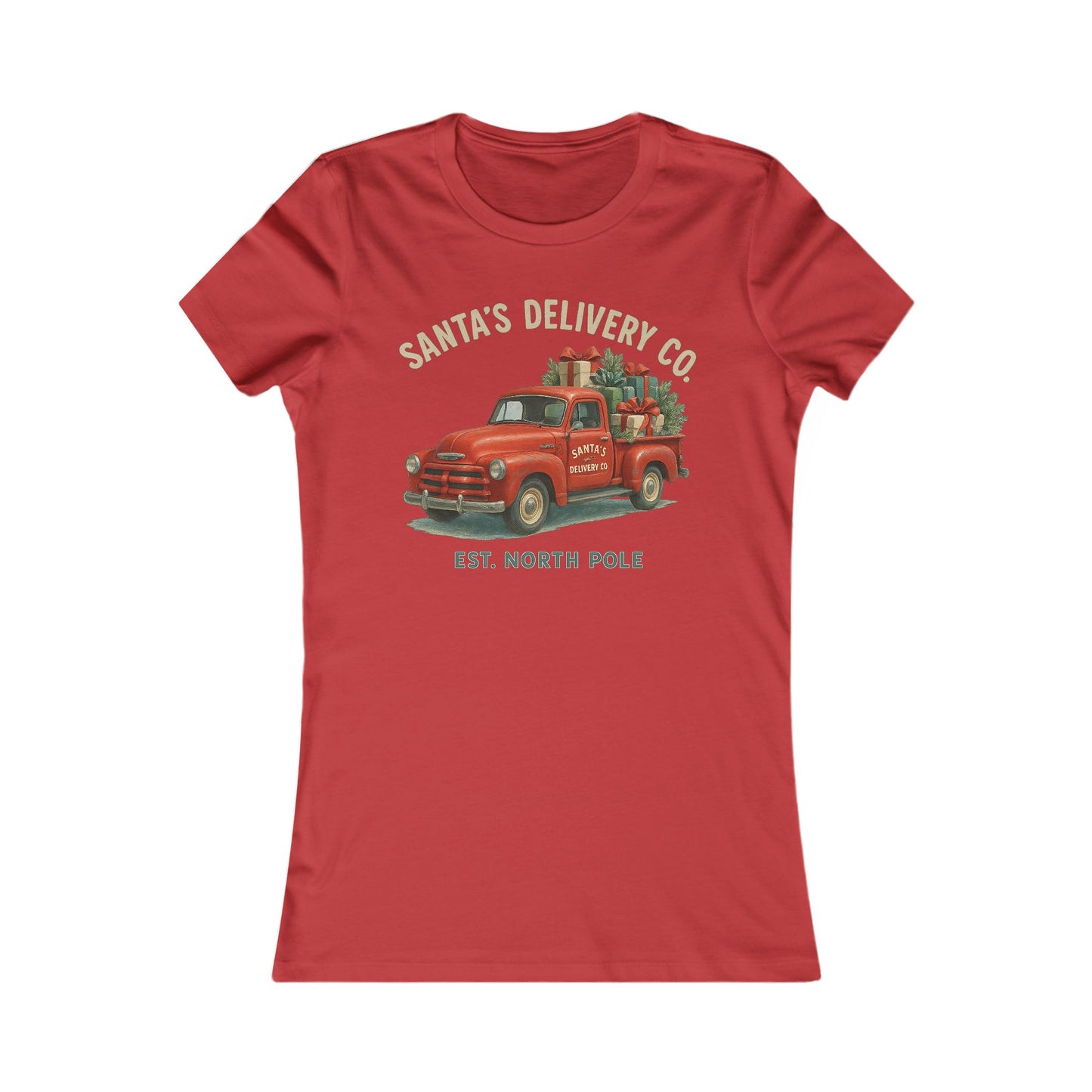 Santa’s Delivery Truck Women’s Tee | Vintage Holiday Shirt | Canadian Cotton Blend, Red Truck Design