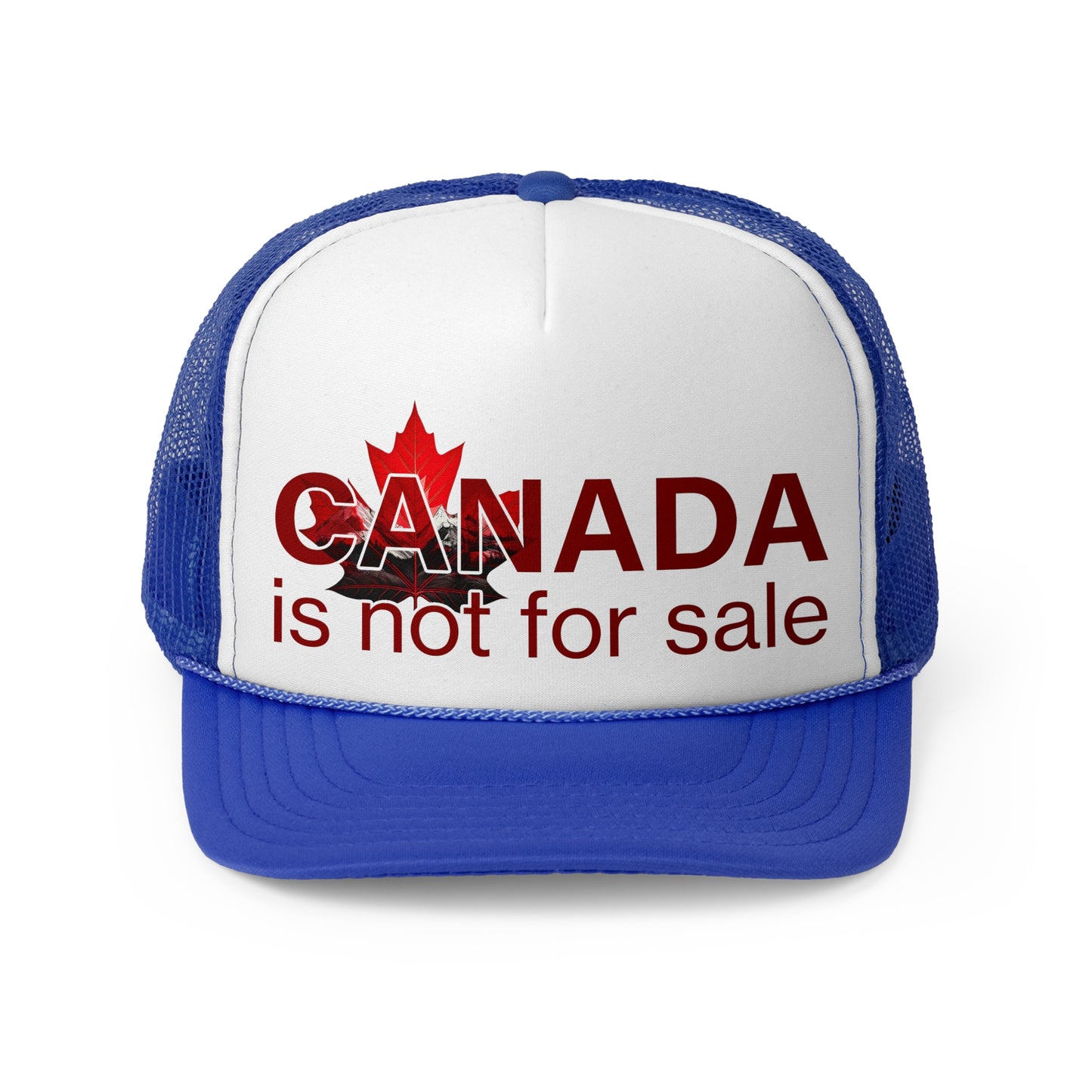 Trucker Cap “Canada is Not for Sale” – Adjustable Mesh Hat, Red Maple Leaf and Mountains Design