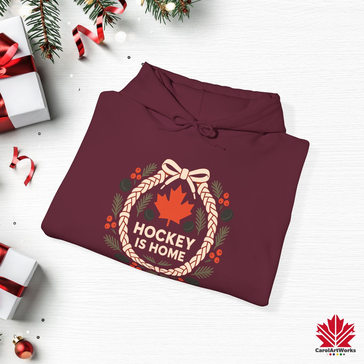 Hockey Lace Wreath Hoodie | Canadian Hockey Christmas Hoodie | Premium Fleece, Free Shipping