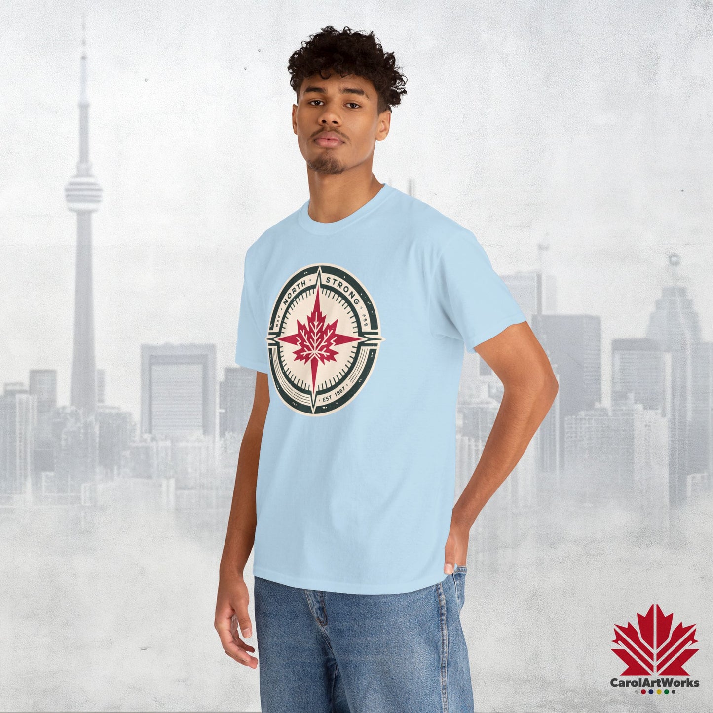 “North Strong” Compass Design – Unisex Cotton Tee – Navigate Adventure with Canadian Pride