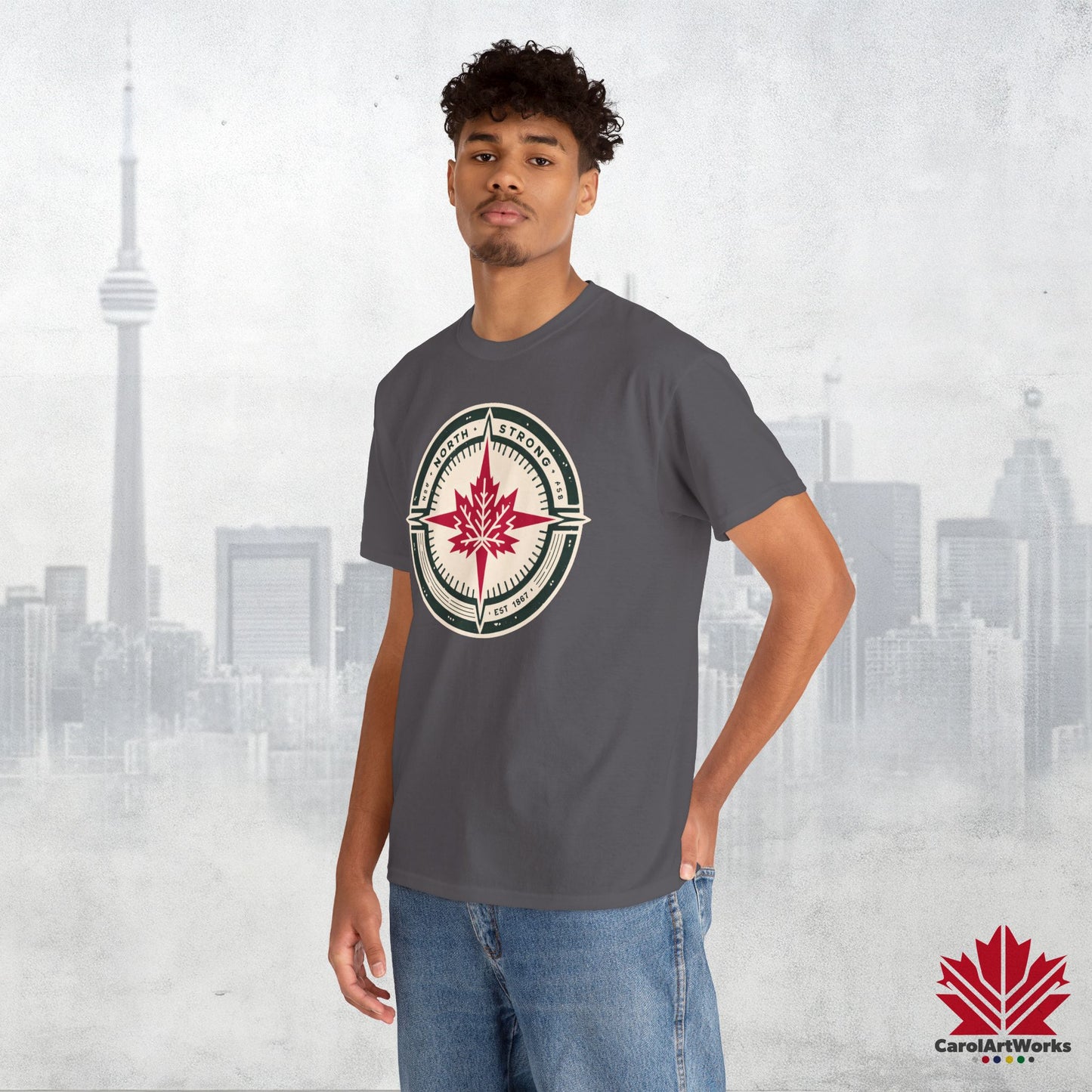 “North Strong” Compass Design – Unisex Cotton Tee – Navigate Adventure with Canadian Pride