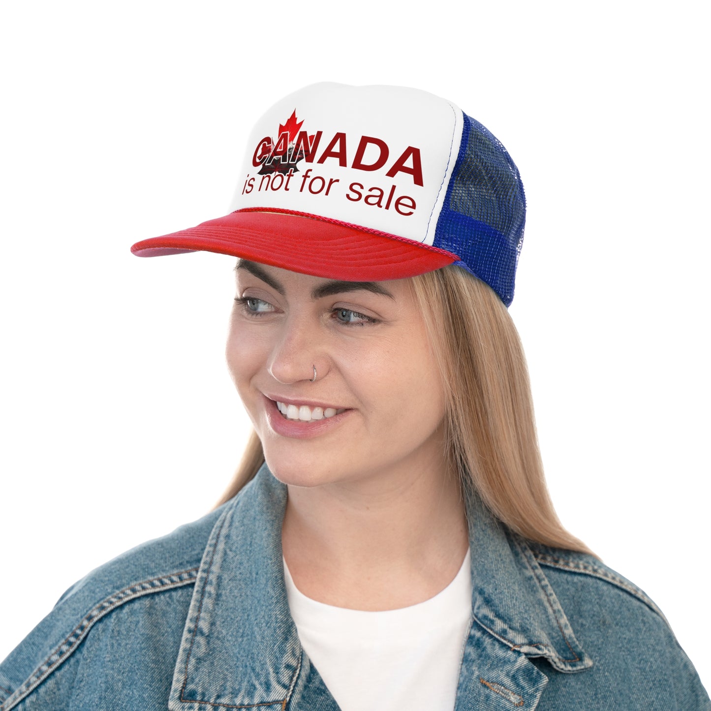 Trucker Cap “Canada is Not for Sale” – Adjustable Mesh Hat, Red Maple Leaf and Mountains Design