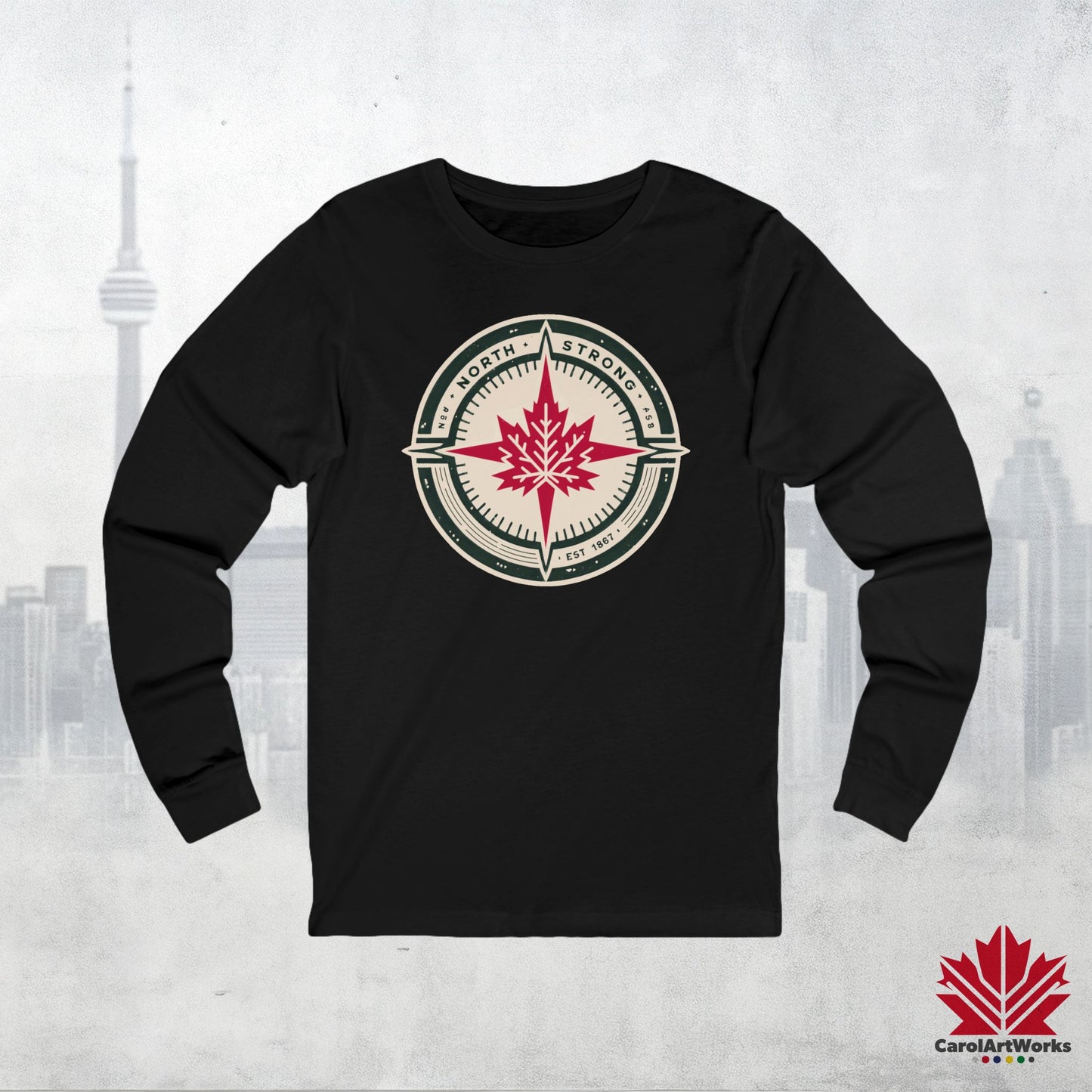 “North Strong” Compass Design – Unisex Long Sleeve Tee – Navigate Adventure with Canadian Pride