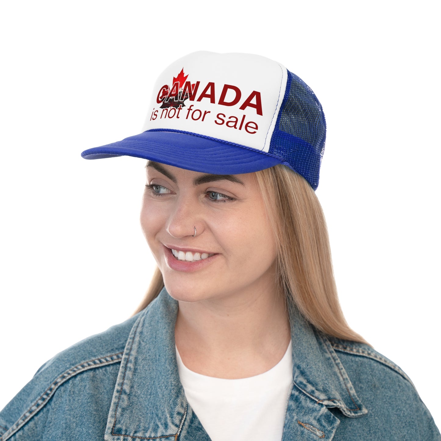 Trucker Cap “Canada is Not for Sale” – Adjustable Mesh Hat, Red Maple Leaf and Mountains Design