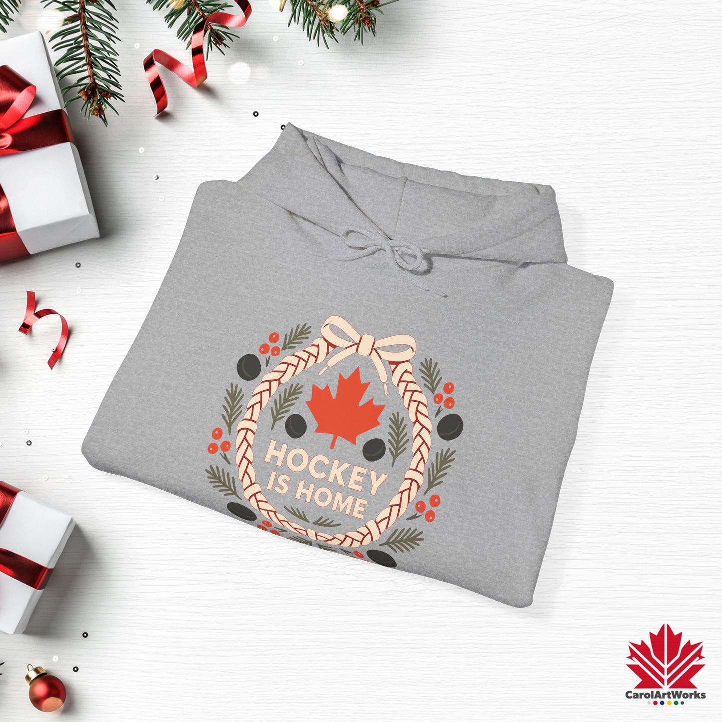 Hockey Lace Wreath Hoodie | Canadian Hockey Christmas Hoodie | Premium Fleece, Free Shipping
