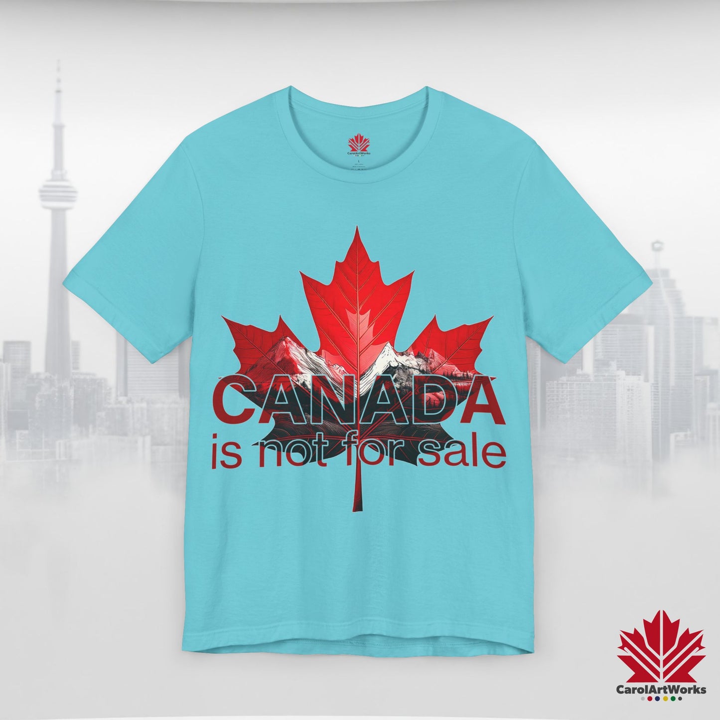 “Canada is not for Sale” Unisex Short Sleeve Tee – Red Maple Leaf and Mountains, Stylish Canada Shirt