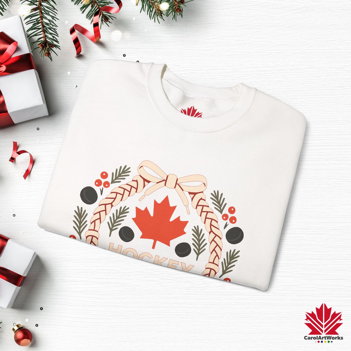 Hockey Lace Wreath Sweatshirt | Canadian Hockey Christmas Crewneck | Premium Fleece Sweatshirt