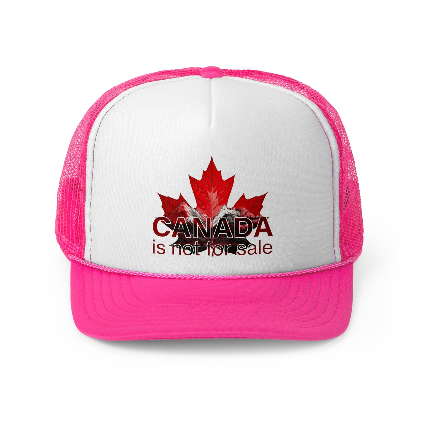 Trucker Cap “Canada is Not for Sale” – Adjustable Mesh Hat, Red Maple Leaf and Mountains Design
