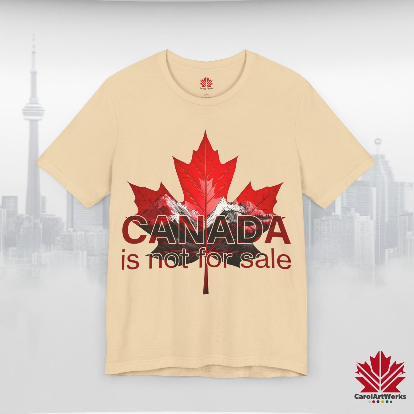 “Canada is not for Sale” Unisex Short Sleeve Tee – Red Maple Leaf and Mountains, Stylish Canada Shirt