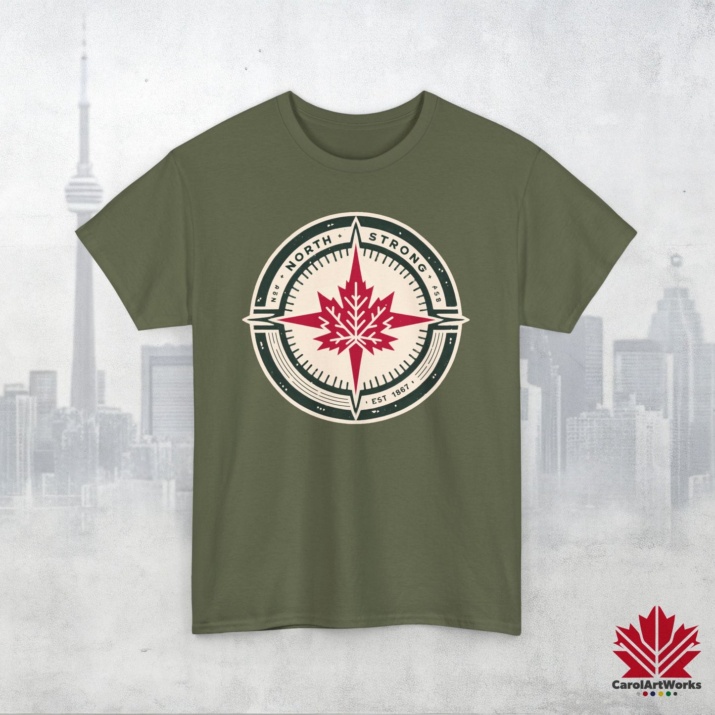 “North Strong” Compass Design – Unisex Cotton Tee – Navigate Adventure with Canadian Pride