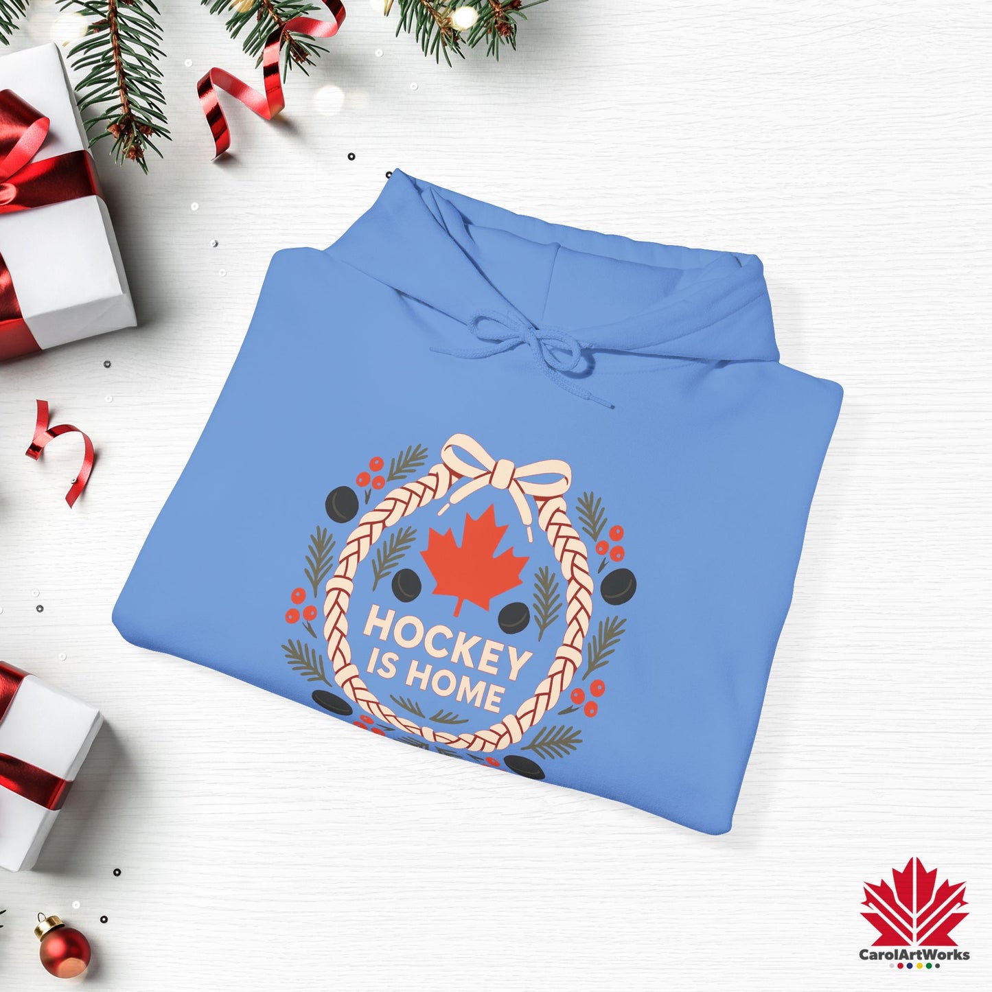 Hockey Lace Wreath Hoodie | Canadian Hockey Christmas Hoodie | Premium Fleece, Free Shipping