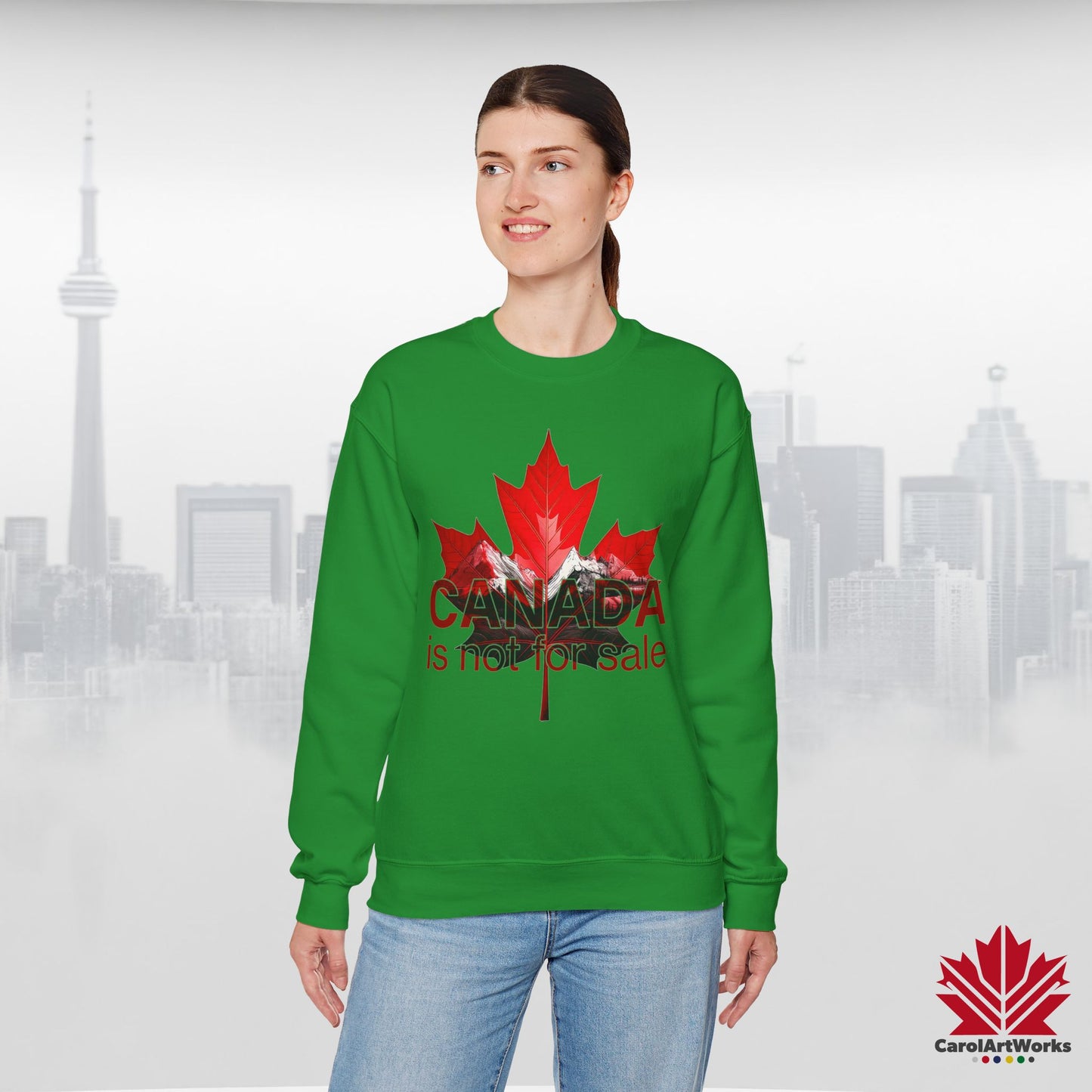 “Canada is Not for Sale” Crewneck Sweatshirt - Red Maple Leaf and Mountains, Soft and Warm