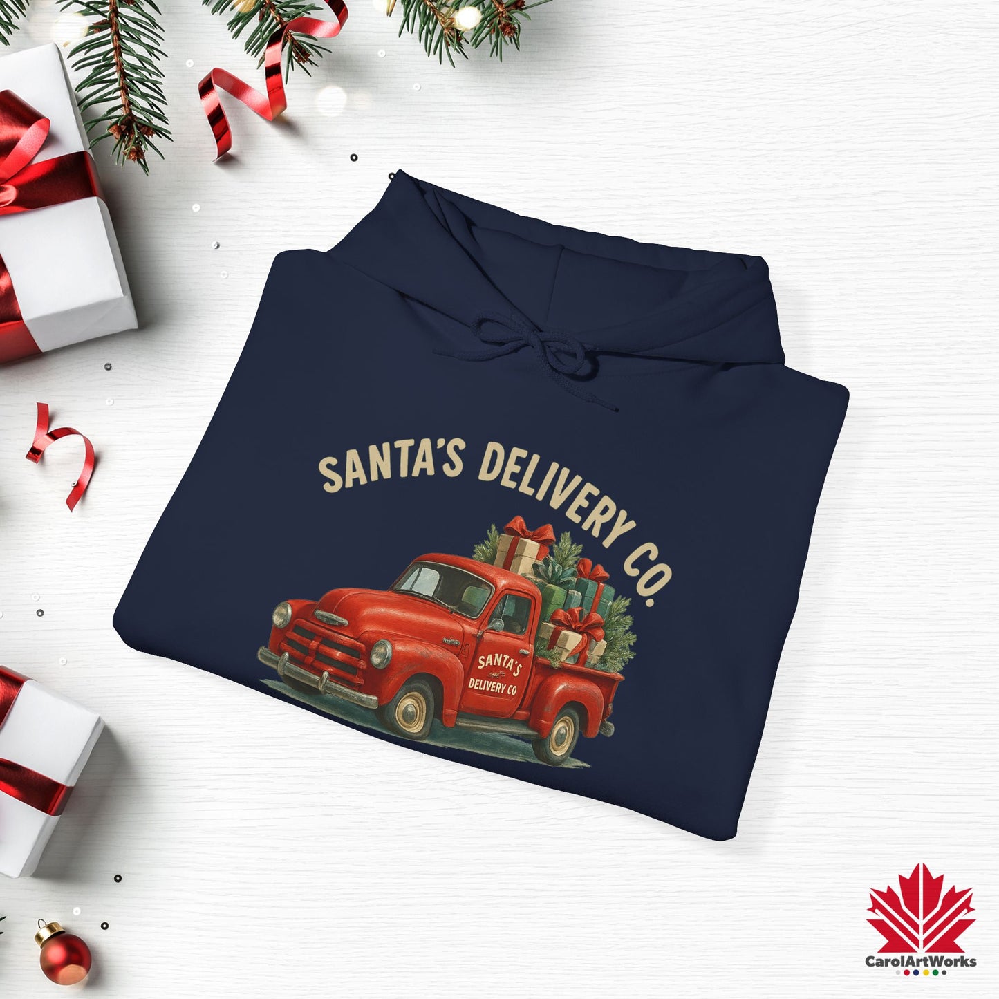 Santa’s Delivery Truck Hoodie | Vintage Red Truck Christmas Hoodie | Canadian Fleece Hoodie – Premium Softstyle