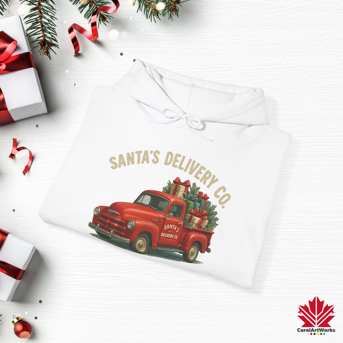 Santa’s Delivery Truck Hoodie | Vintage Red Truck Christmas Hoodie | Canadian Fleece Hoodie – Premium Softstyle
