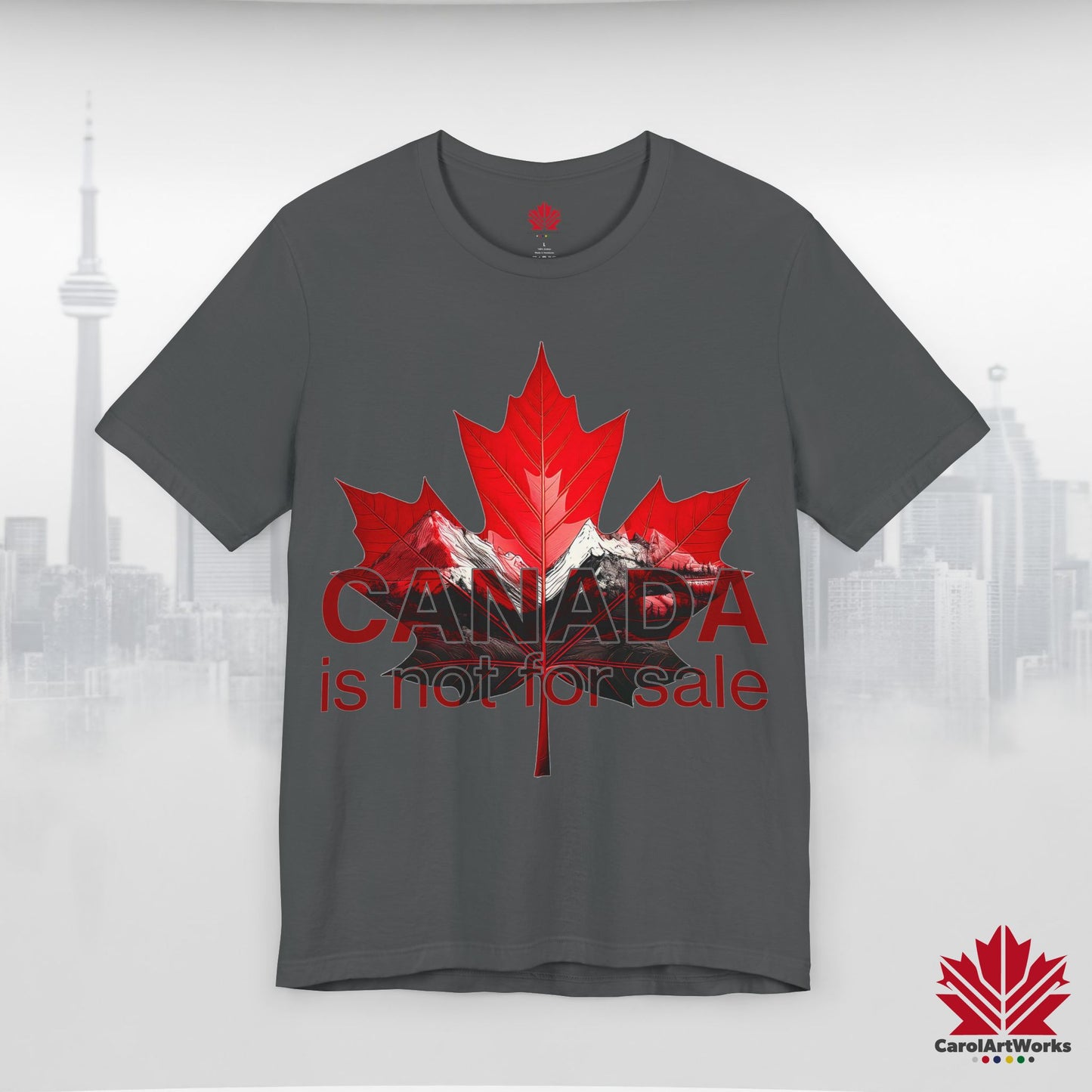 “Canada is not for Sale” Unisex Short Sleeve Tee – Red Maple Leaf and Mountains, Stylish Canada Shirt