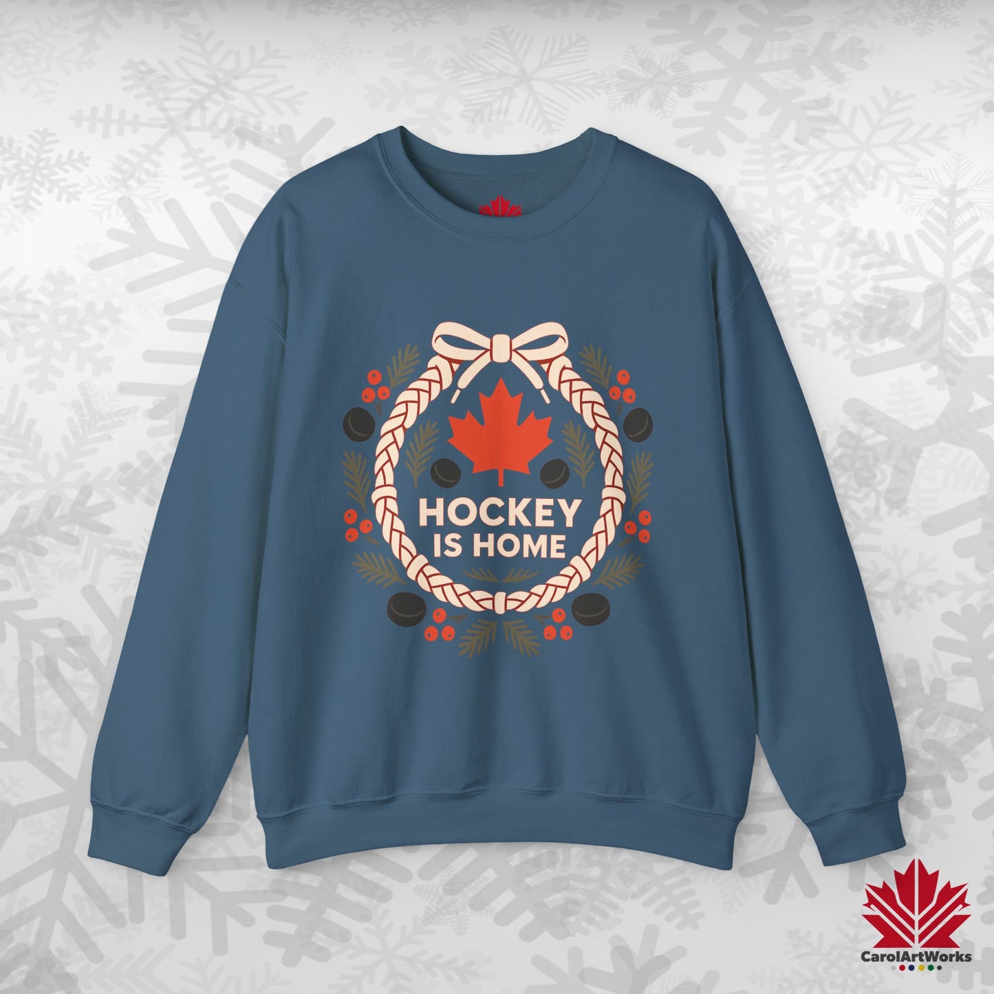 Hockey Lace Wreath Sweatshirt | Canadian Hockey Christmas Crewneck | Premium Fleece Sweatshirt