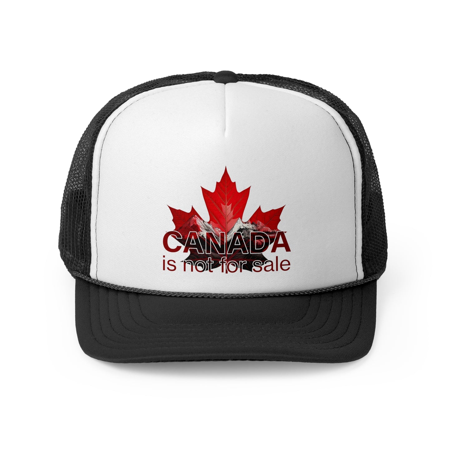 Trucker Cap “Canada is Not for Sale” – Adjustable Mesh Hat, Red Maple Leaf and Mountains Design