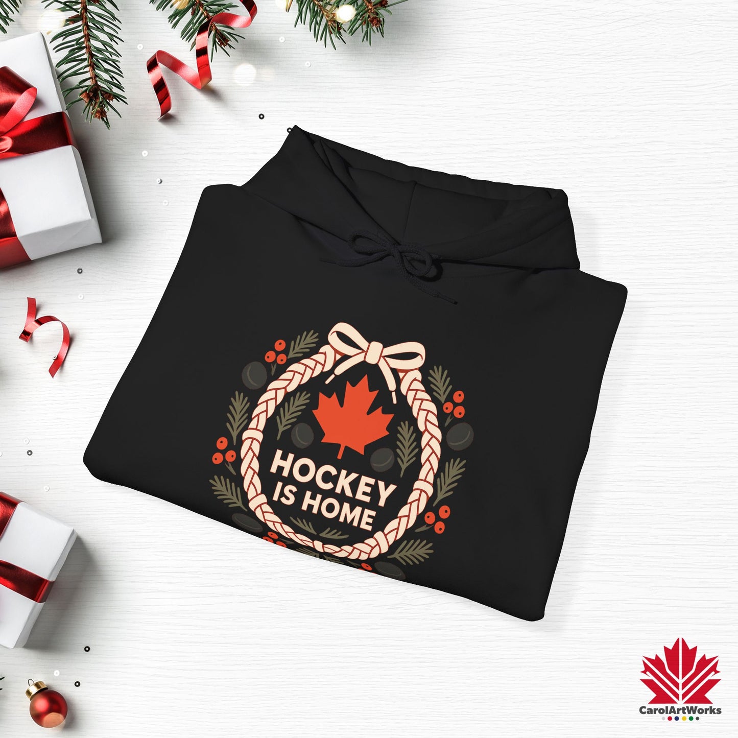 Hockey Lace Wreath Hoodie | Canadian Hockey Christmas Hoodie | Premium Fleece, Free Shipping