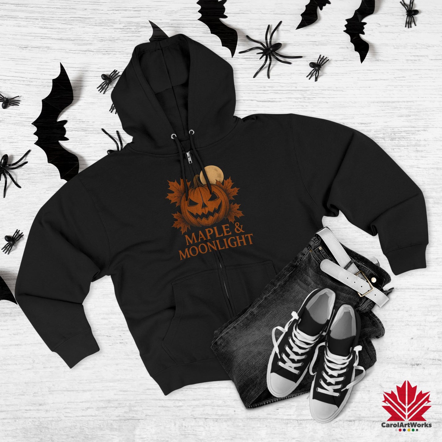 Maple & Moonlight – Canadian Fall Zip Hoodie for Halloween Lovers