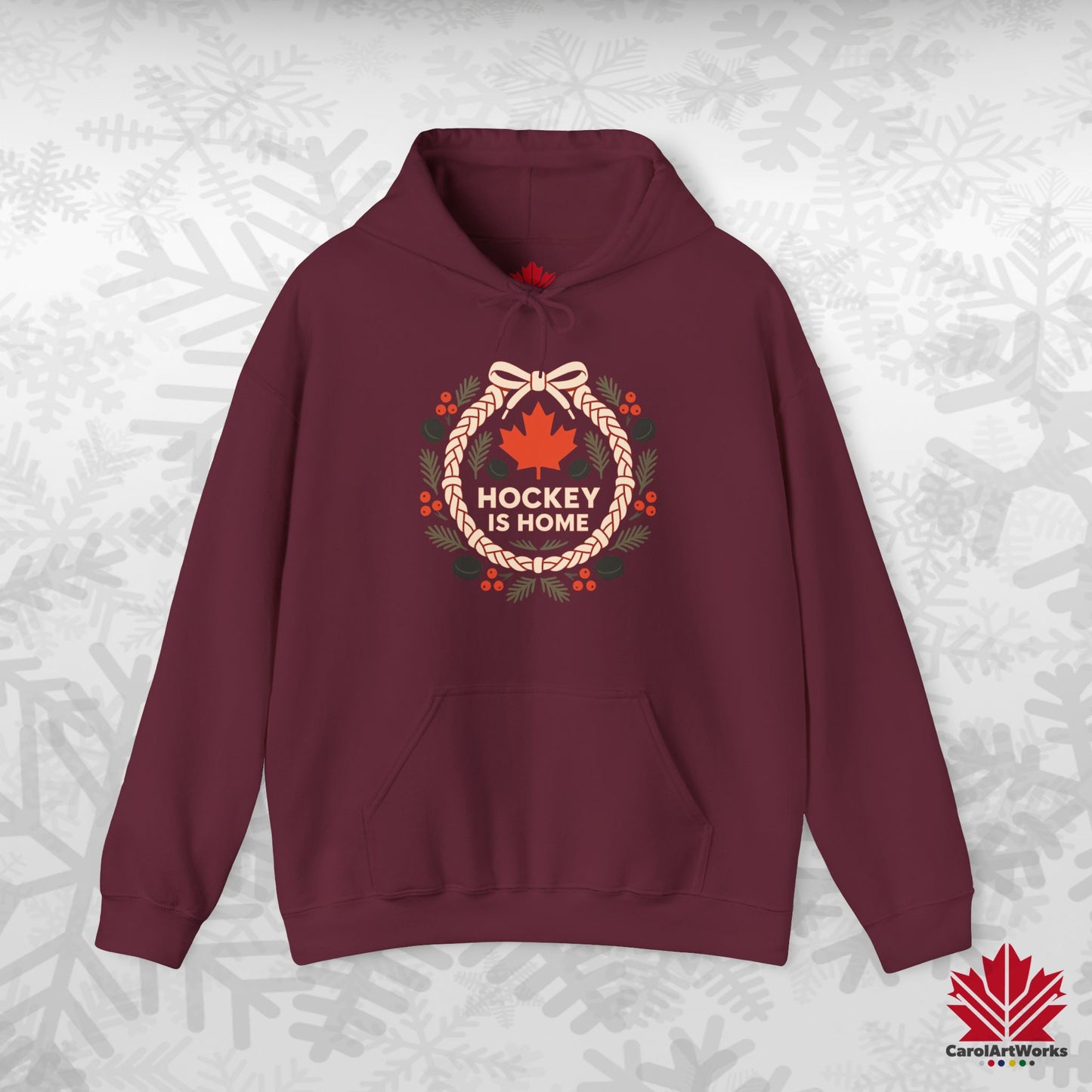 Hockey Lace Wreath Hoodie | Canadian Hockey Christmas Hoodie | Premium Fleece, Free Shipping