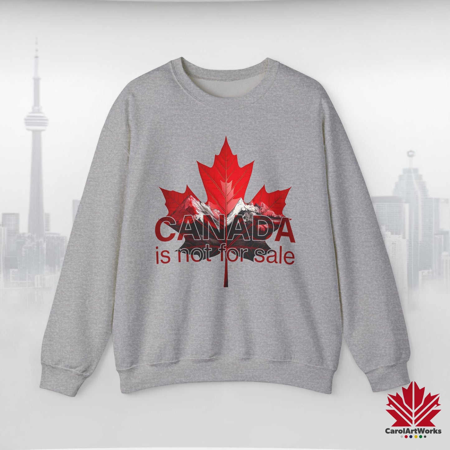“Canada is Not for Sale” Crewneck Sweatshirt - Red Maple Leaf and Mountains, Soft and Warm