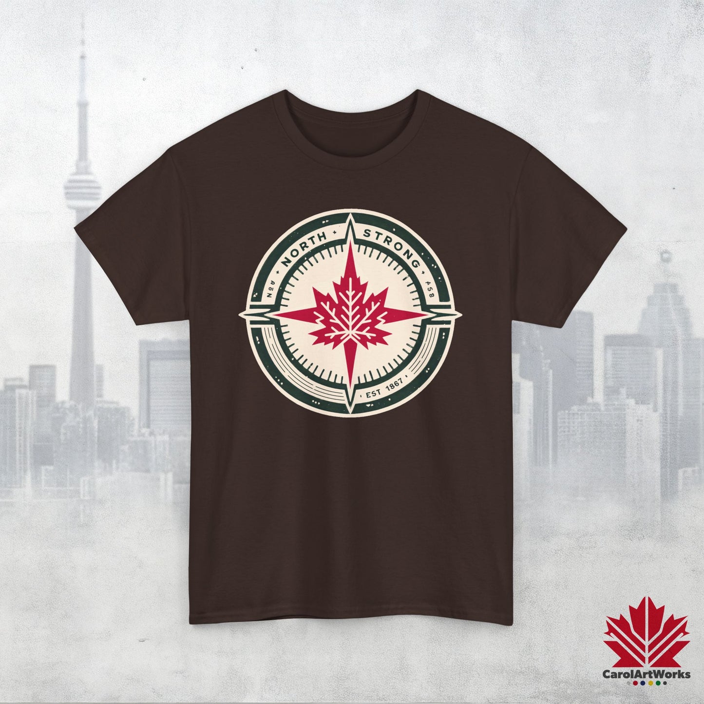 “North Strong” Compass Design – Unisex Cotton Tee – Navigate Adventure with Canadian Pride