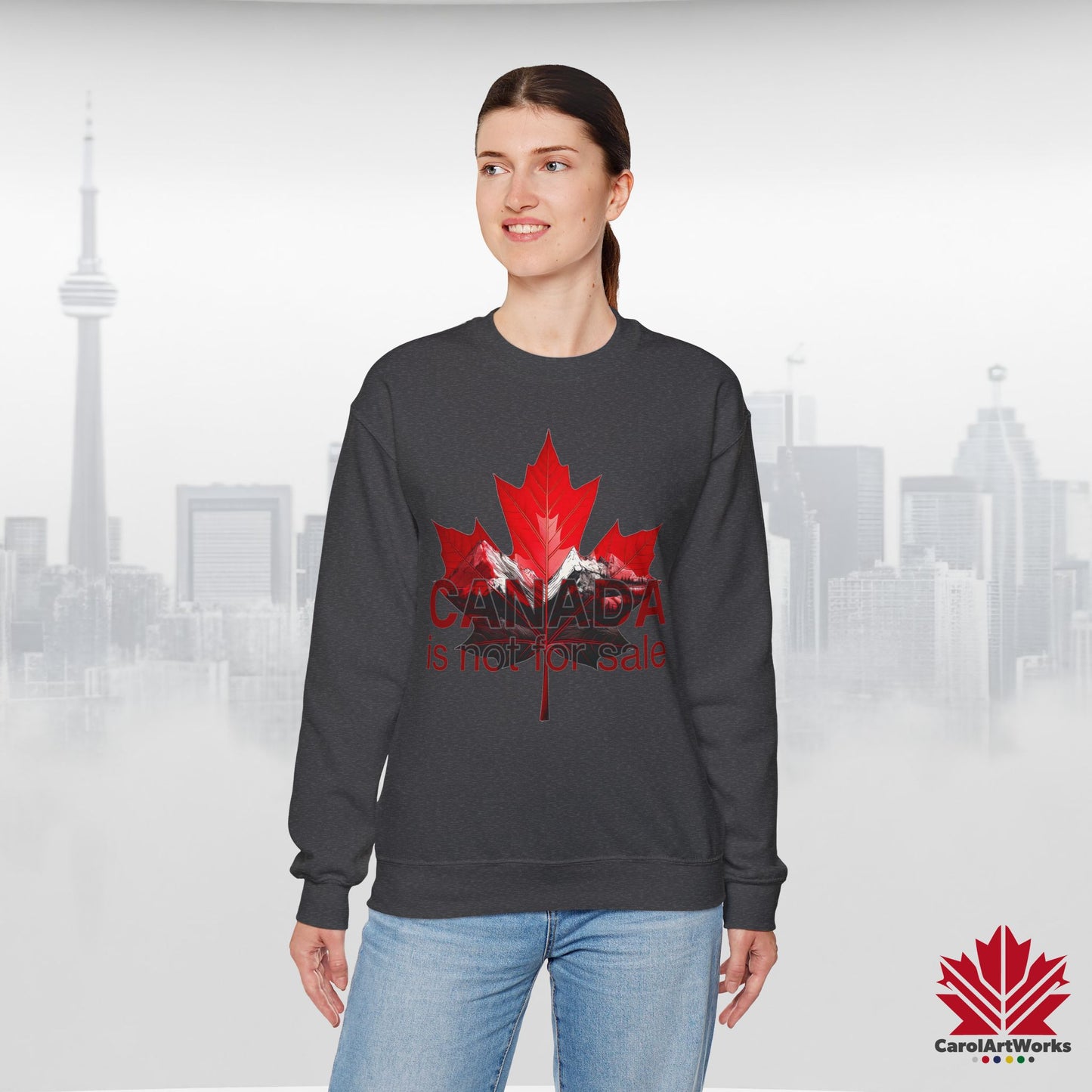 “Canada is Not for Sale” Crewneck Sweatshirt - Red Maple Leaf and Mountains, Soft and Warm