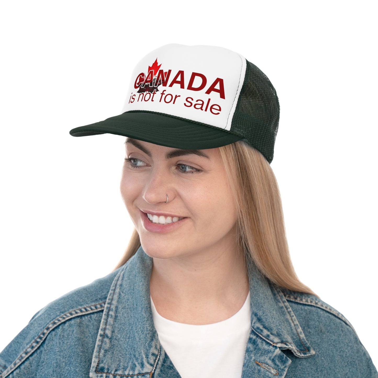 Trucker Cap “Canada is Not for Sale” – Adjustable Mesh Hat, Red Maple Leaf and Mountains Design