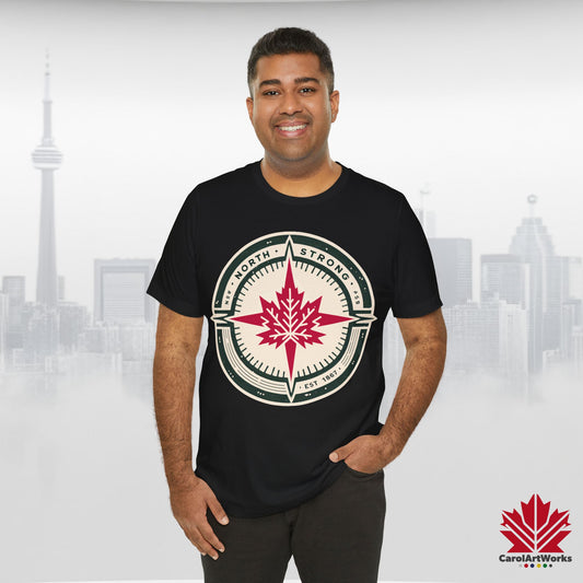 “North Strong” Compass Design Unisex Short Sleeve Tee – Navigate Adventure with Canadian Pride