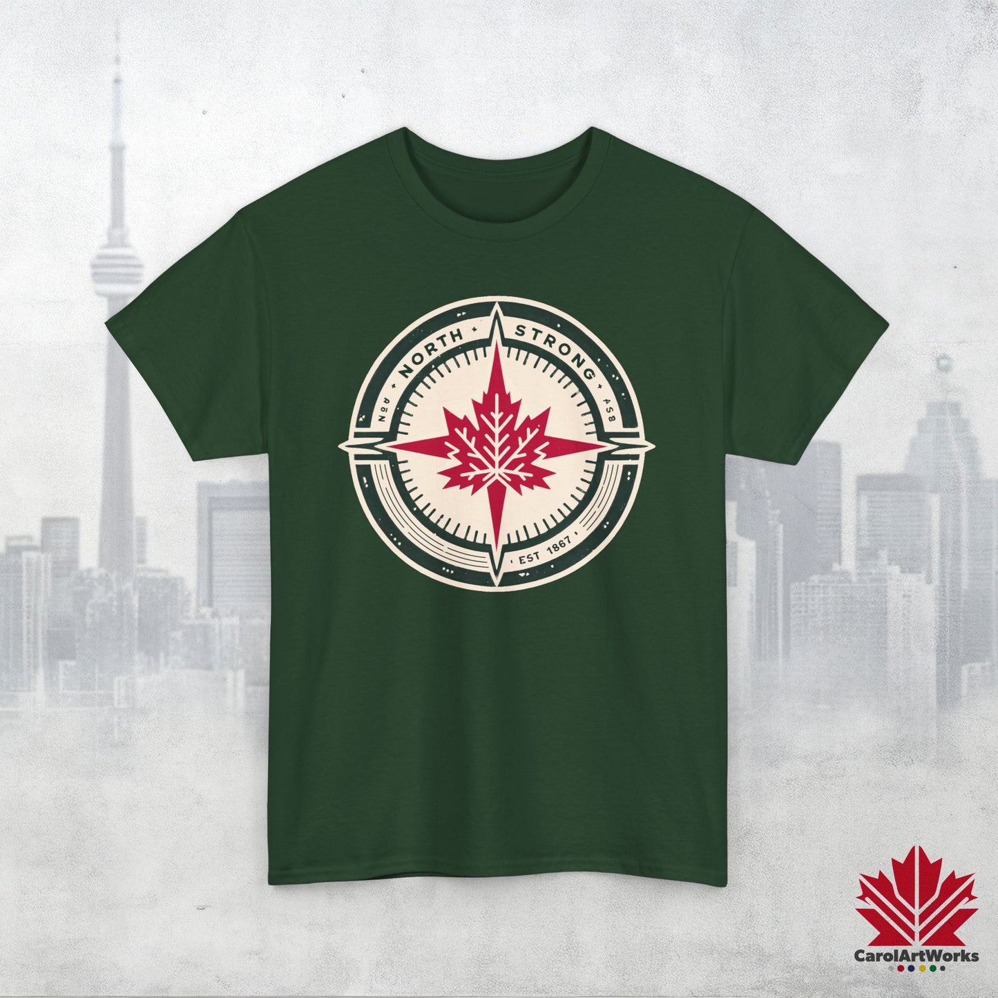 “North Strong” Compass Design – Unisex Cotton Tee – Navigate Adventure with Canadian Pride
