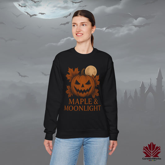 Maple & Moonlight – Cozy Halloween Sweatshirt - Canadian Pumpkin & Moon Design