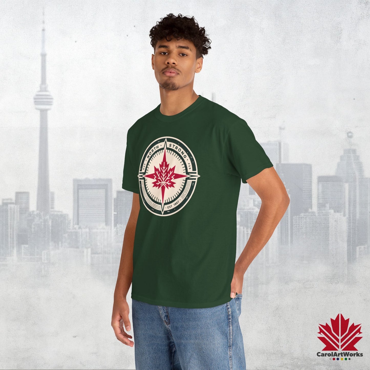 “North Strong” Compass Design – Unisex Cotton Tee – Navigate Adventure with Canadian Pride