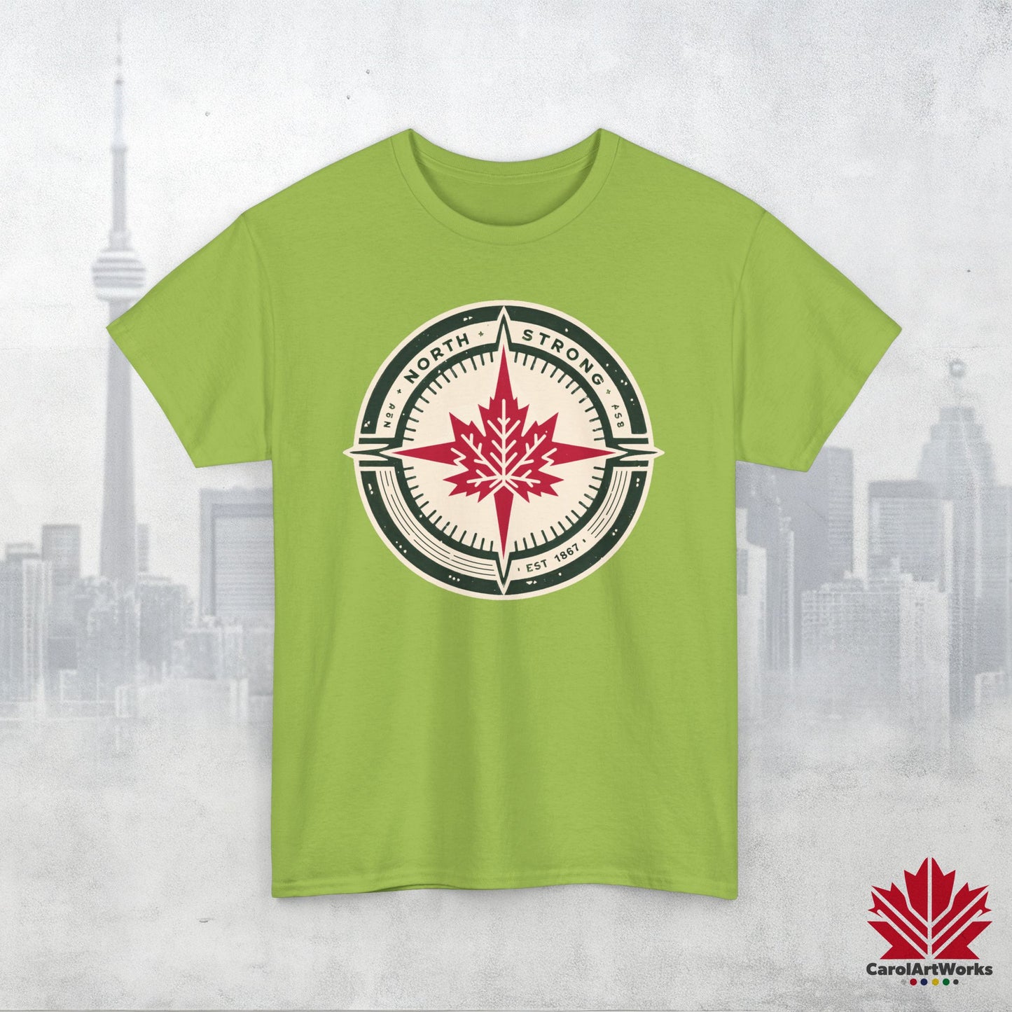 “North Strong” Compass Design – Unisex Cotton Tee – Navigate Adventure with Canadian Pride