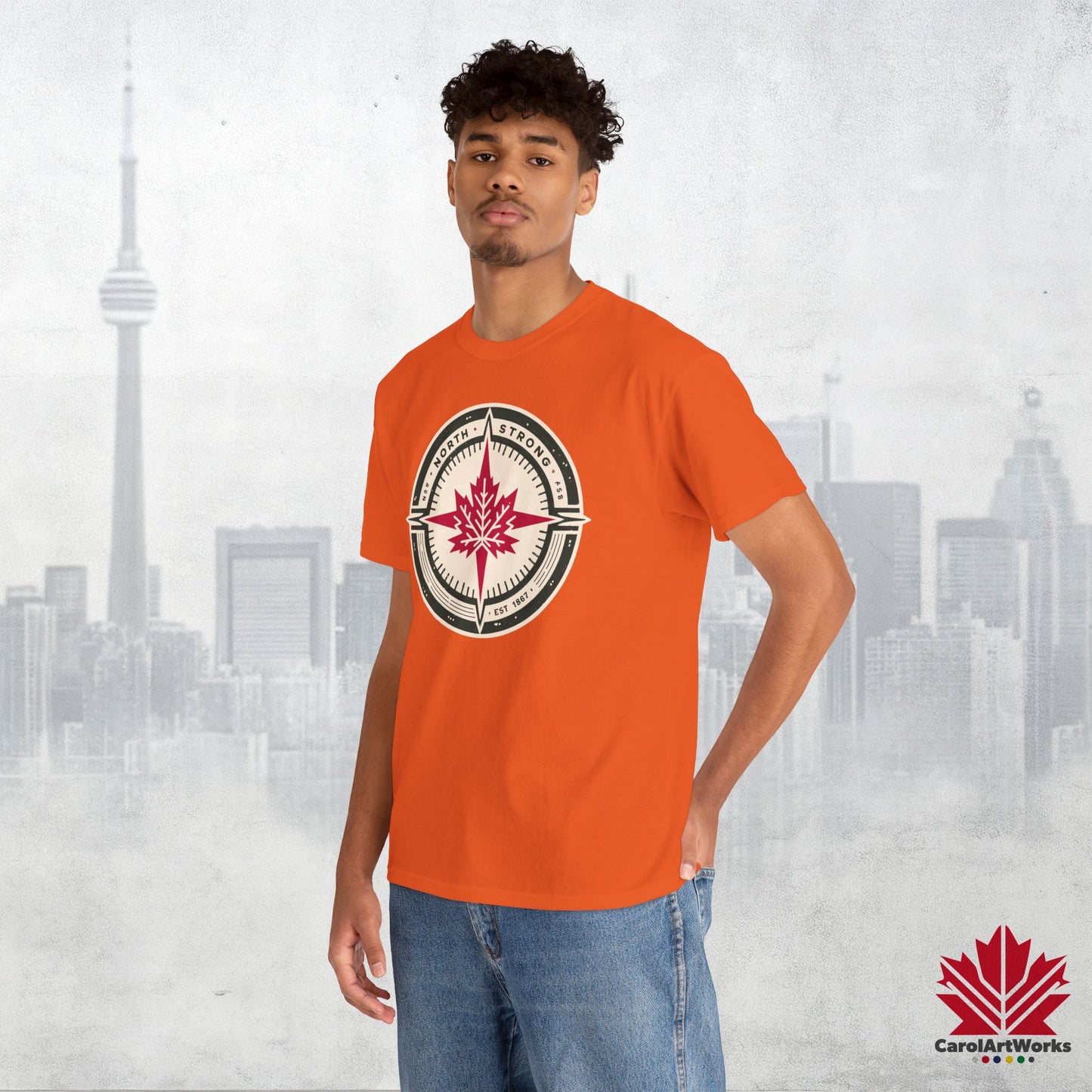 “North Strong” Compass Design – Unisex Cotton Tee – Navigate Adventure with Canadian Pride