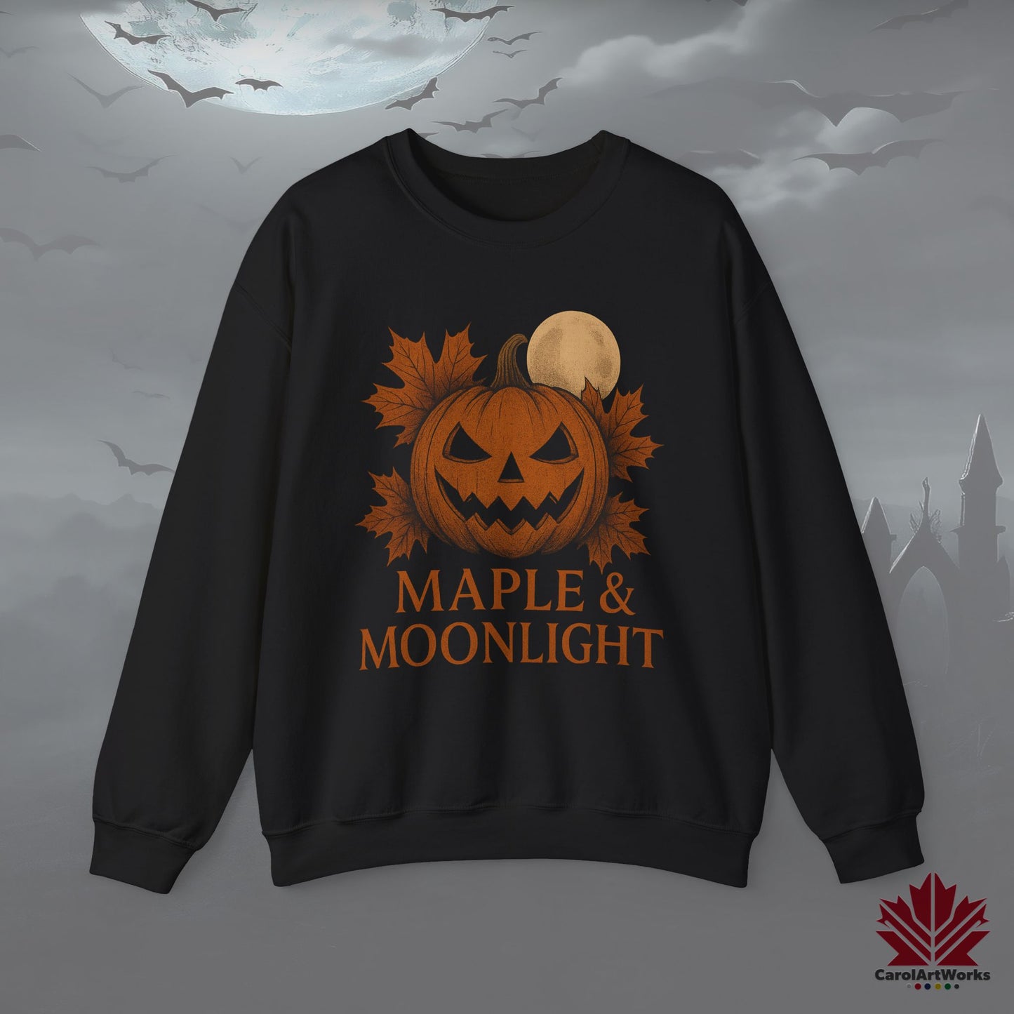 Maple & Moonlight – Cozy Halloween Sweatshirt - Canadian Pumpkin & Moon Design