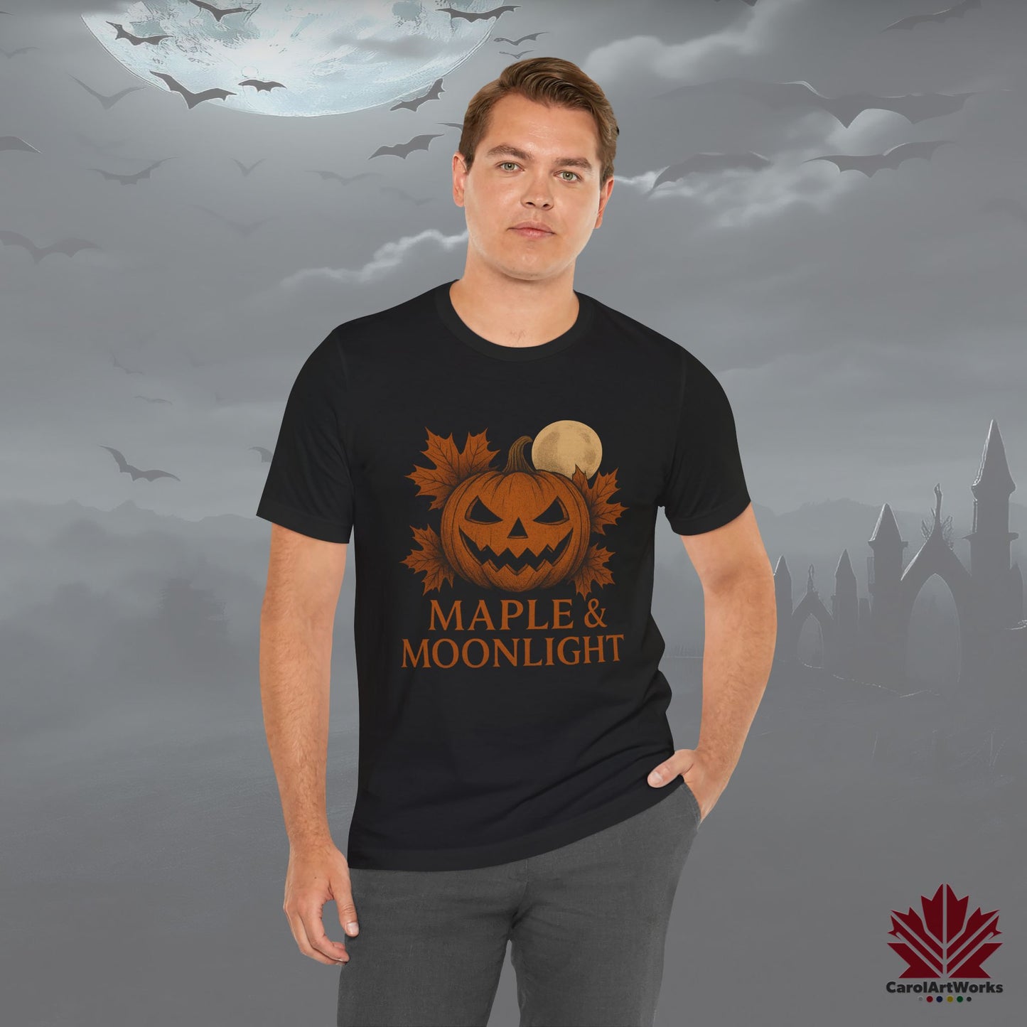 Maple & Moonlight – Canadian Halloween Tee - Pumpkin & Full Moon Design