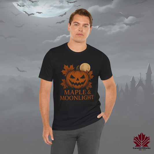 Maple & Moonlight – Canadian Halloween Tee - Pumpkin & Full Moon Design
